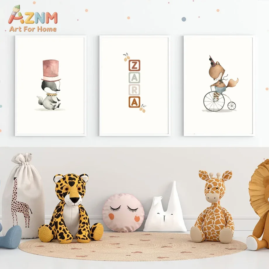 Baby Name Wall Art - AZNM Rahmenloses Leinwandposter, Aquarell-Zirkus-Fuchs-Donnerwicht, individueller Namensblockdruck,