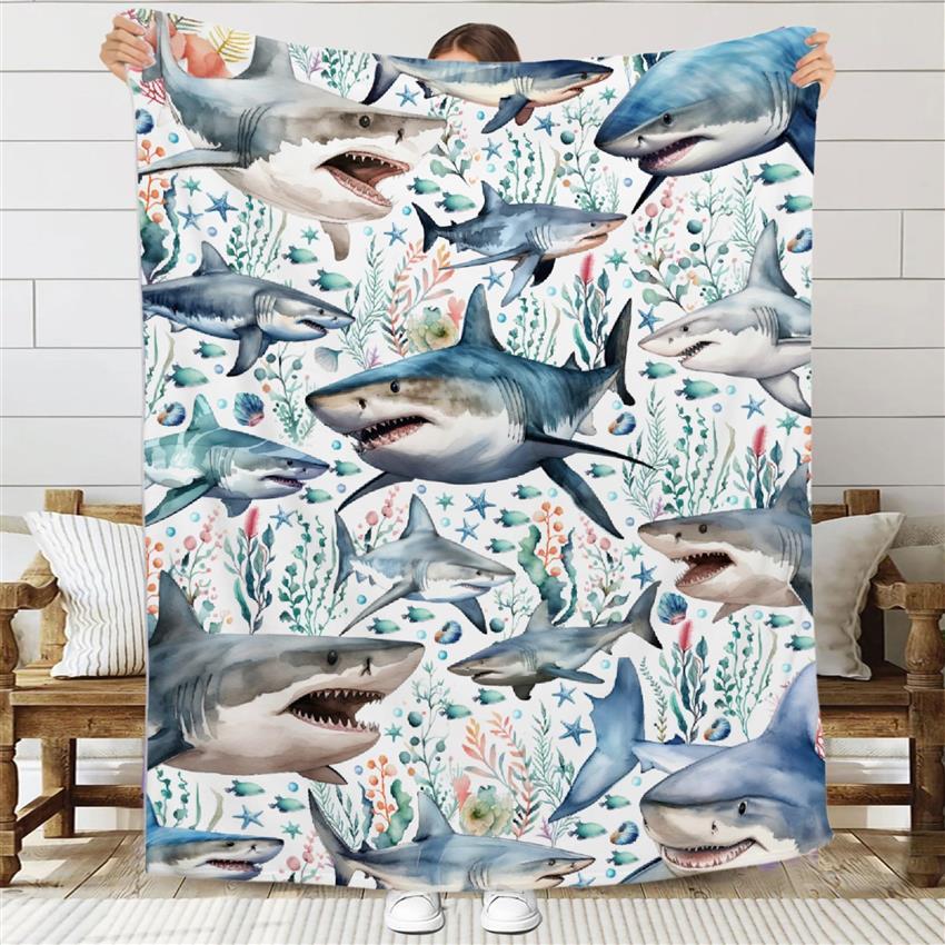 Baby Nursery In Hospital - Nautische Meereslebewesen-Hai-Print-Decke, Küsten-Meeresthema, Fleece-Bettüberwurf für Wohnzimmer,
