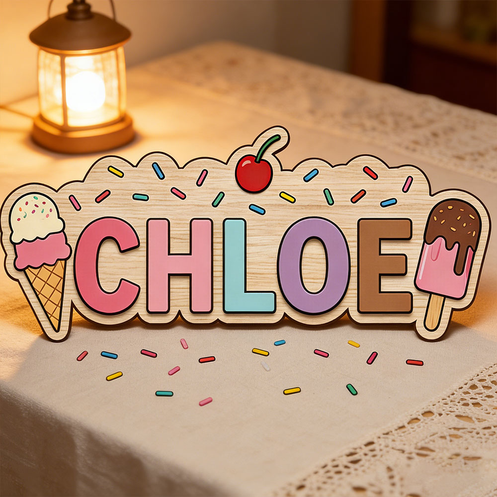 Baby Name Wall Art - Eiscreme-Waffel Eis am Stiel Themen-Holzschild mit