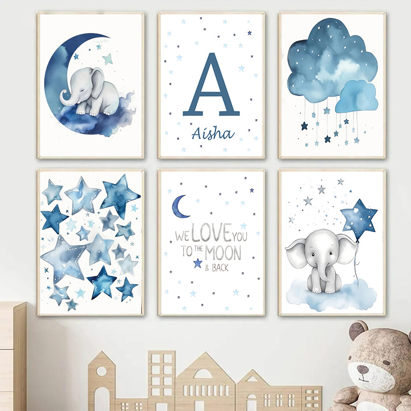 Blauer Mond und Sterne, Baby-N – Baby Name Wall Art Bewertung und Preis