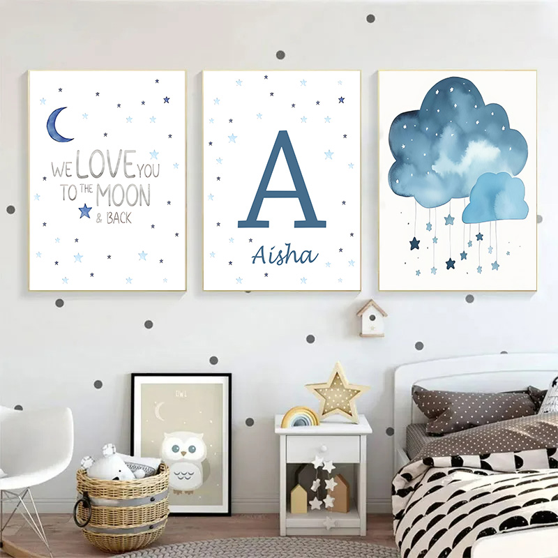 Blauer Mond und Sterne, Baby-N – Baby Name Wall Art Bewertung und Preis