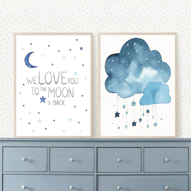 Blauer Mond und Sterne, Baby-N – Baby Name Wall Art Bewertung und Preis