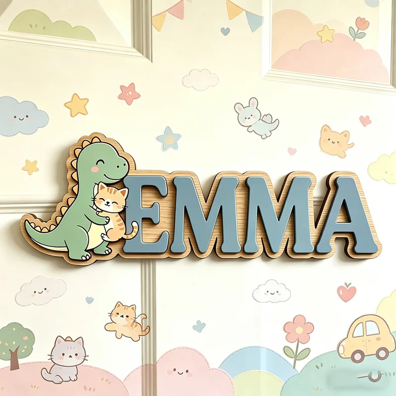 Niedliche Dinosaurier-Katzen-G – Baby Name Wall Art Bewertung und Preis